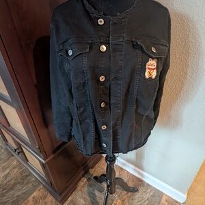 Black Denim Jacket with Cat Patch